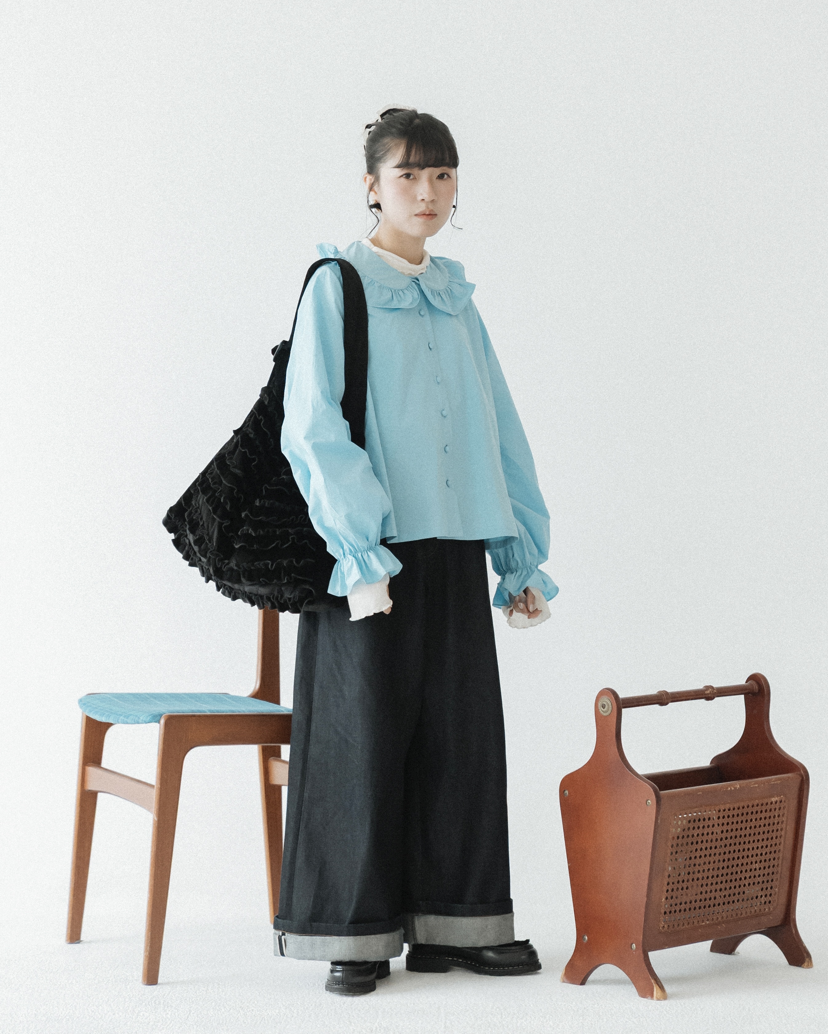 【 Kiki.co Made 】Ruffle Peter Pan Collar Blouse - Light Blue