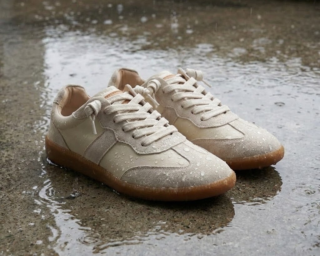 德訓鞋雨天穿搭推薦，展示防潑水皮革機能，雨水自動凝結成水珠不滲透。經典復古德訓鞋外型結合防水抗污技術，讓你在下雨天穿搭依然乾爽優雅，是梅雨季節必備的高搜尋熱門防潑水小白鞋，兼具質感與耐穿性。