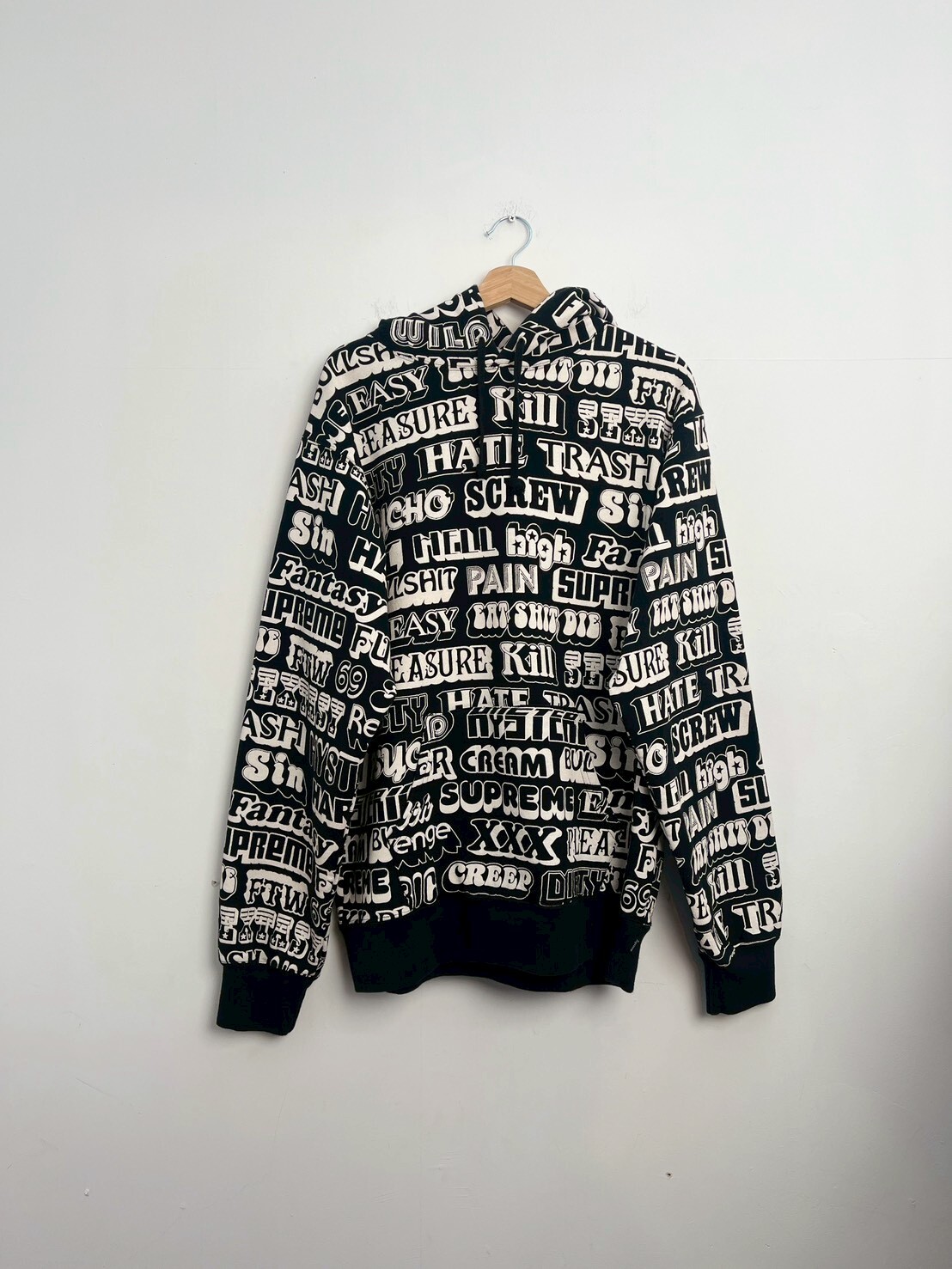 SUPREME X HYSTERIC GLAMOUR TEXT HOODIE BLACK SIZE XL