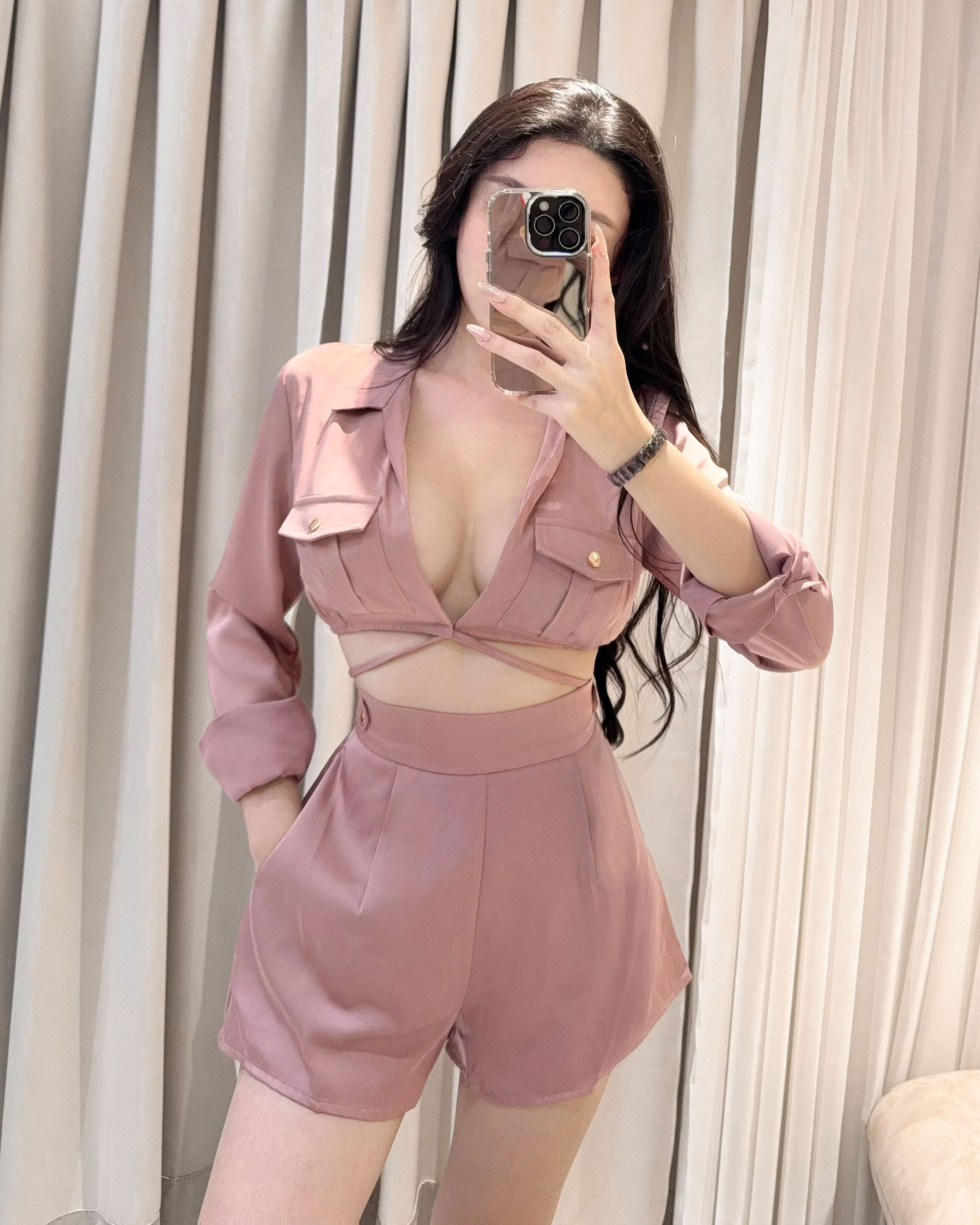 ⭒訂製-緞面襯衫交叉綁帶套裝