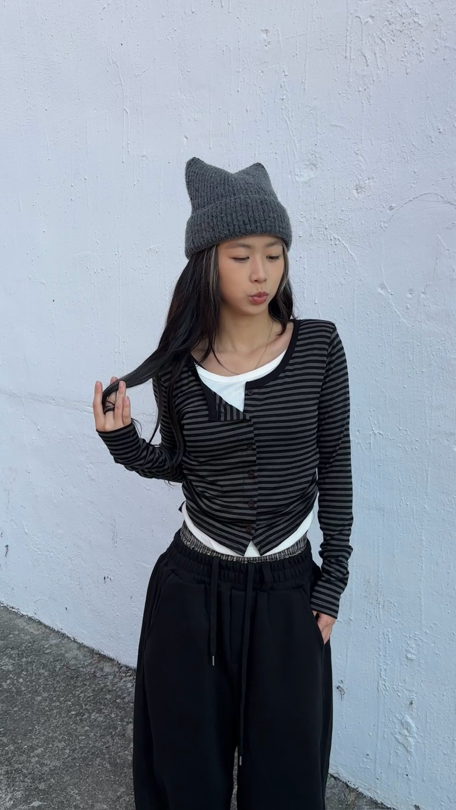 正韓 條紋層疊長Tee  (2colors)