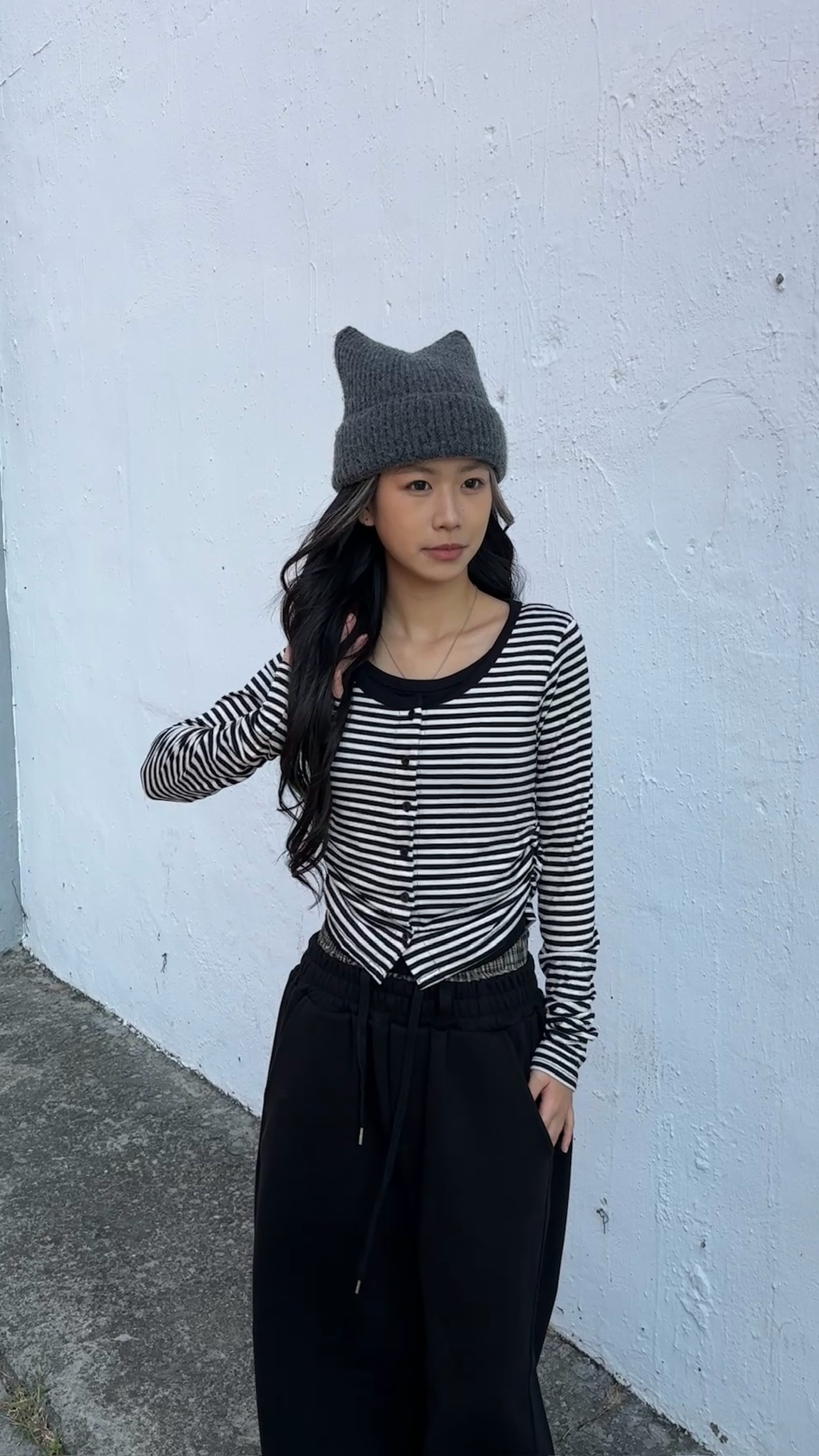 正韓 條紋層疊長Tee  (2colors)