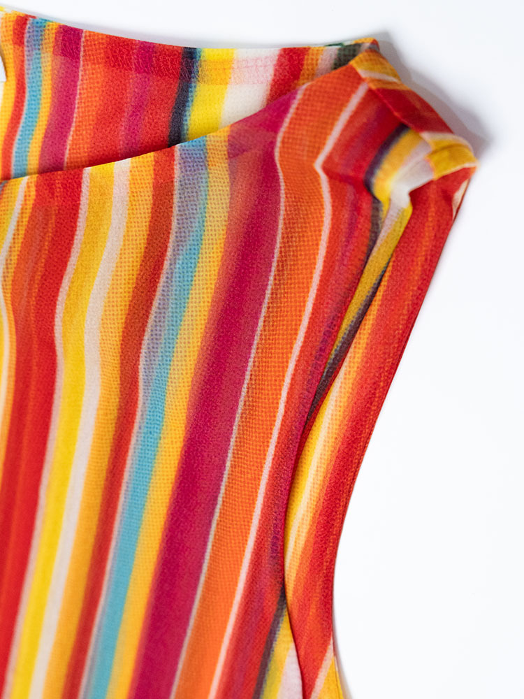 Loop Mesh Semi Sheer Boat Neck Print Tank - Rainbow Stripe