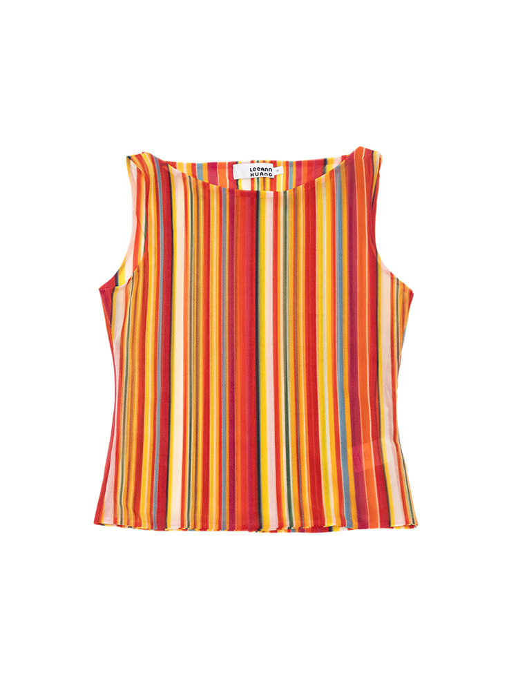 Loop Mesh Semi Sheer Boat Neck Print Tank - Rainbow Stripe