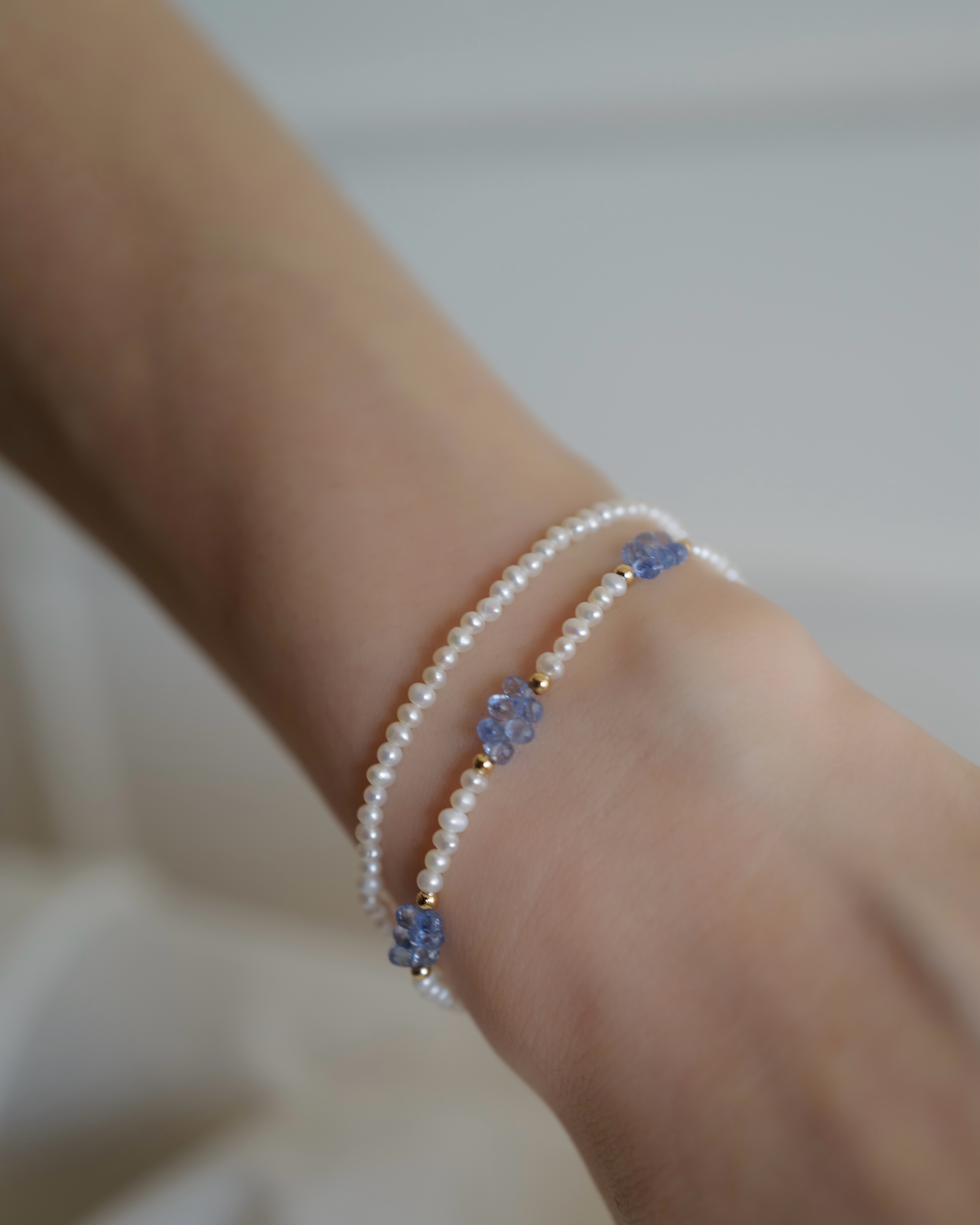 Crystal Blue Sapphire｜澄藍微光 三段藍寶石珍珠手鏈