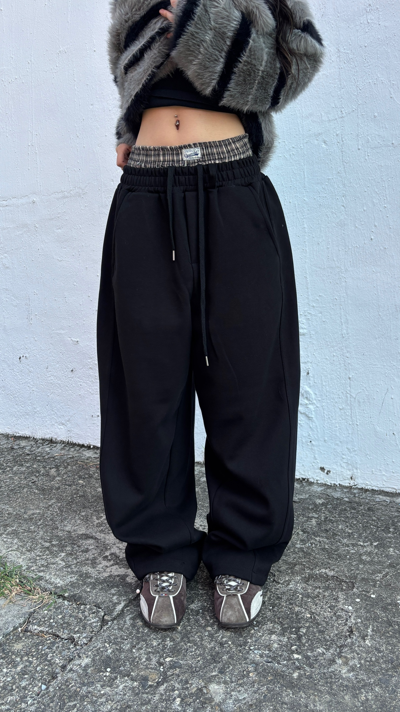 正韓 假兩件腰頭棉寬褲 (2colors)