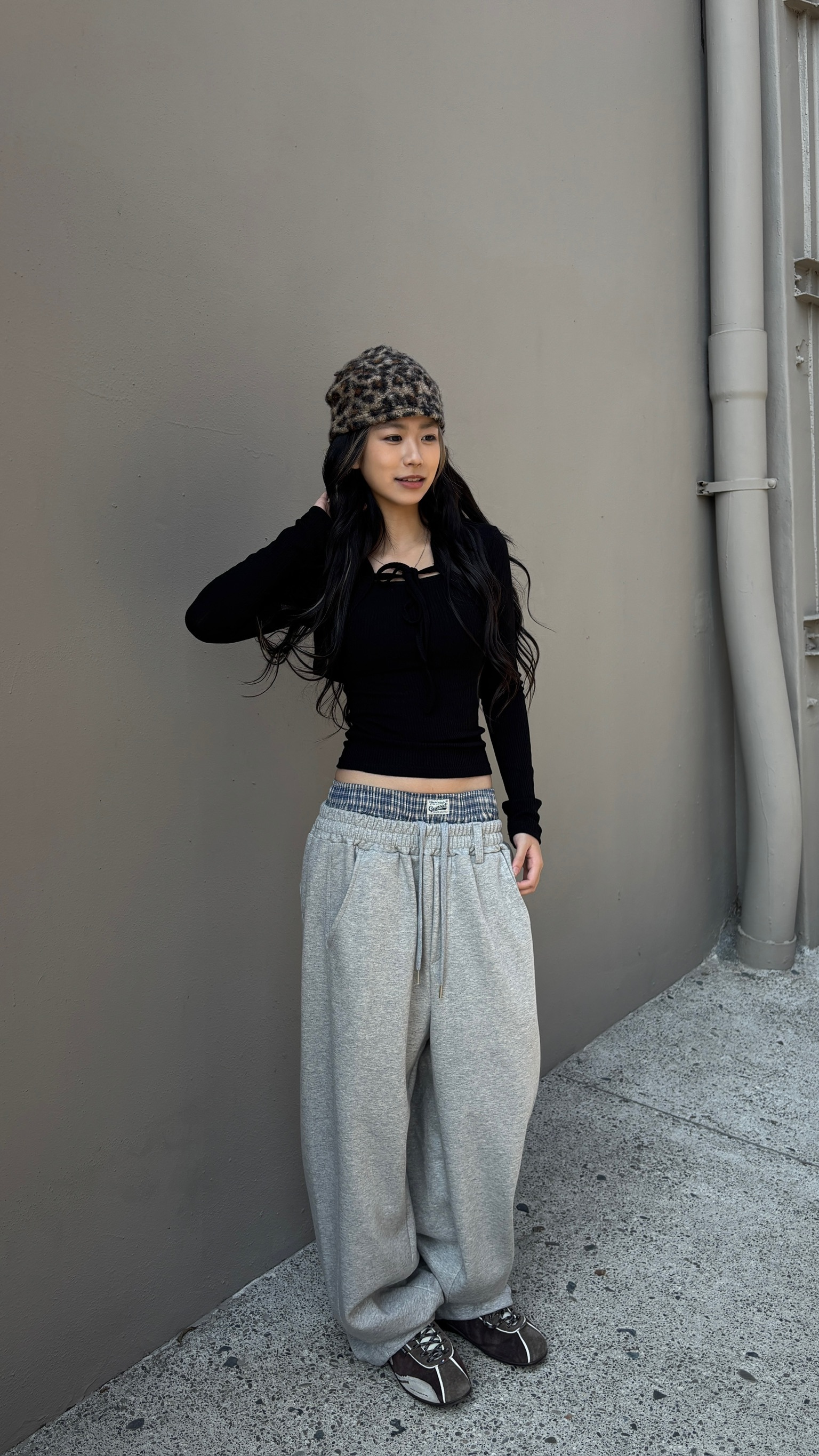 正韓 假兩件腰頭棉寬褲 (2colors)