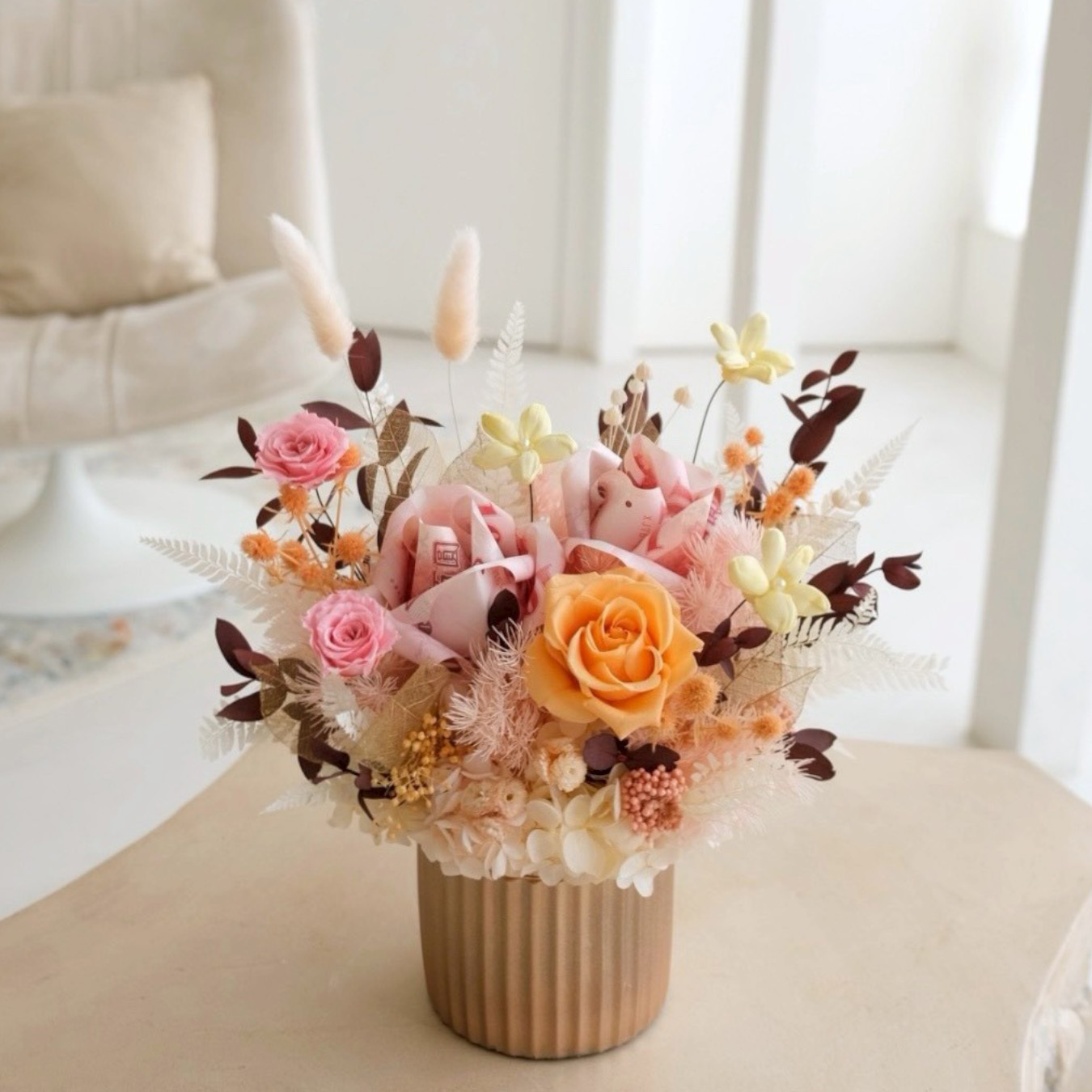 招財永生盆花 2朵鈔票粉橘色盆花