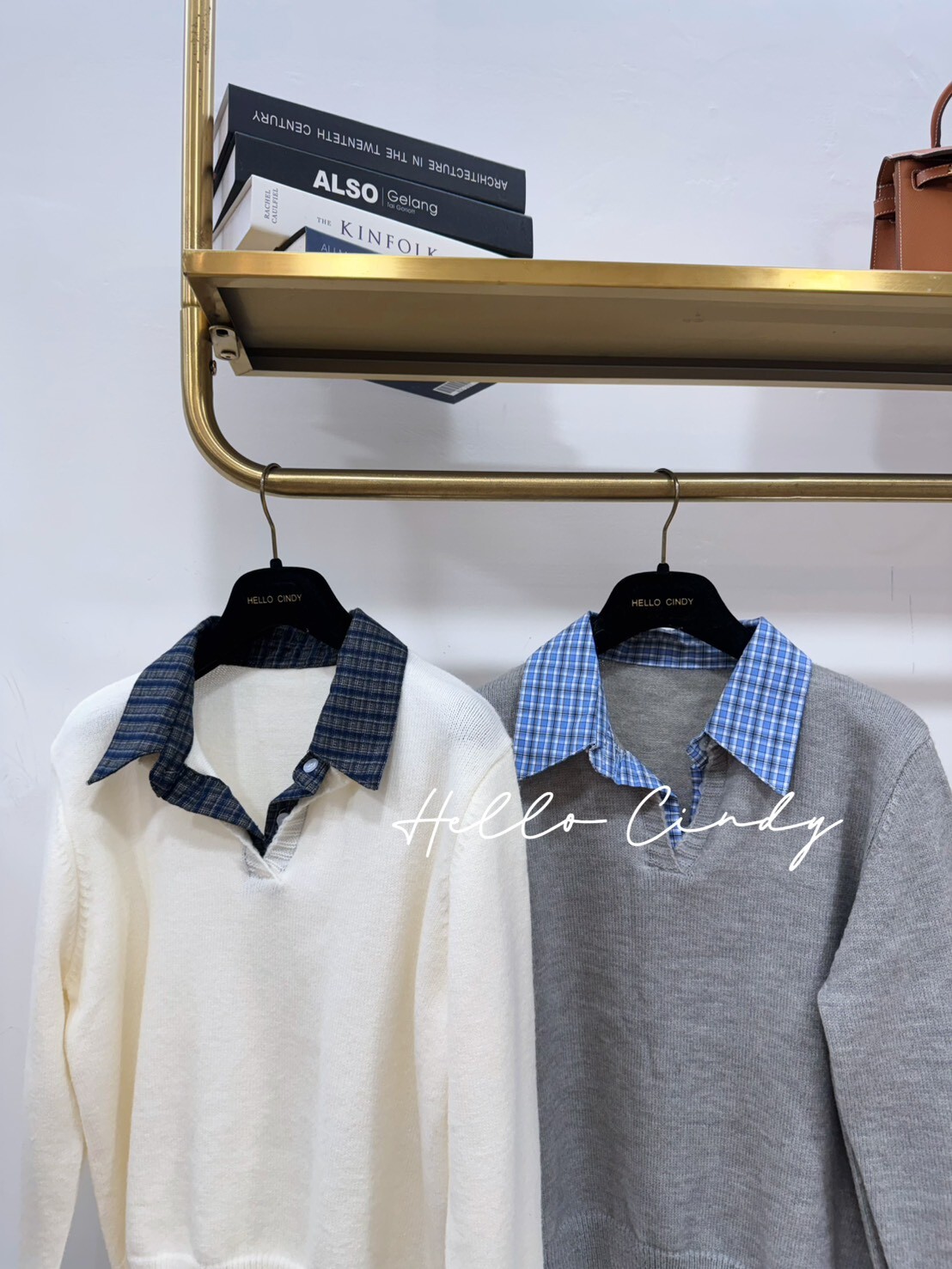 B02032 超甜美假兩件式格紋針織上衣