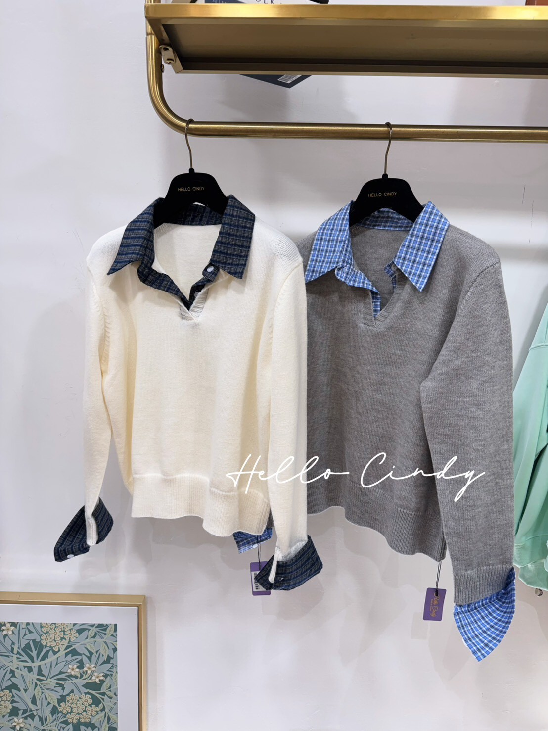 B02032 超甜美假兩件式格紋針織上衣