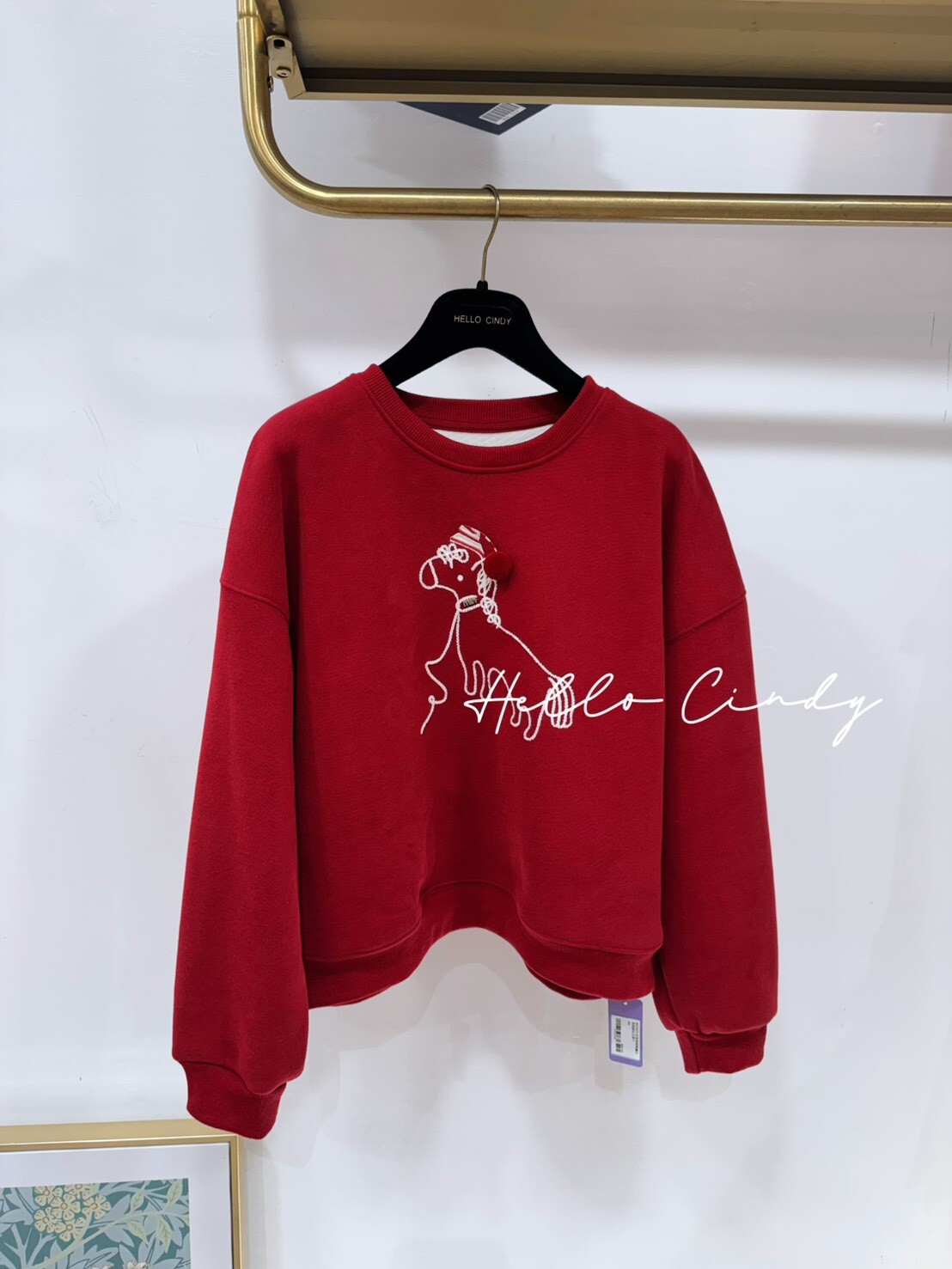 B02027 紅色球球刺繡小馬短絨毛大學T