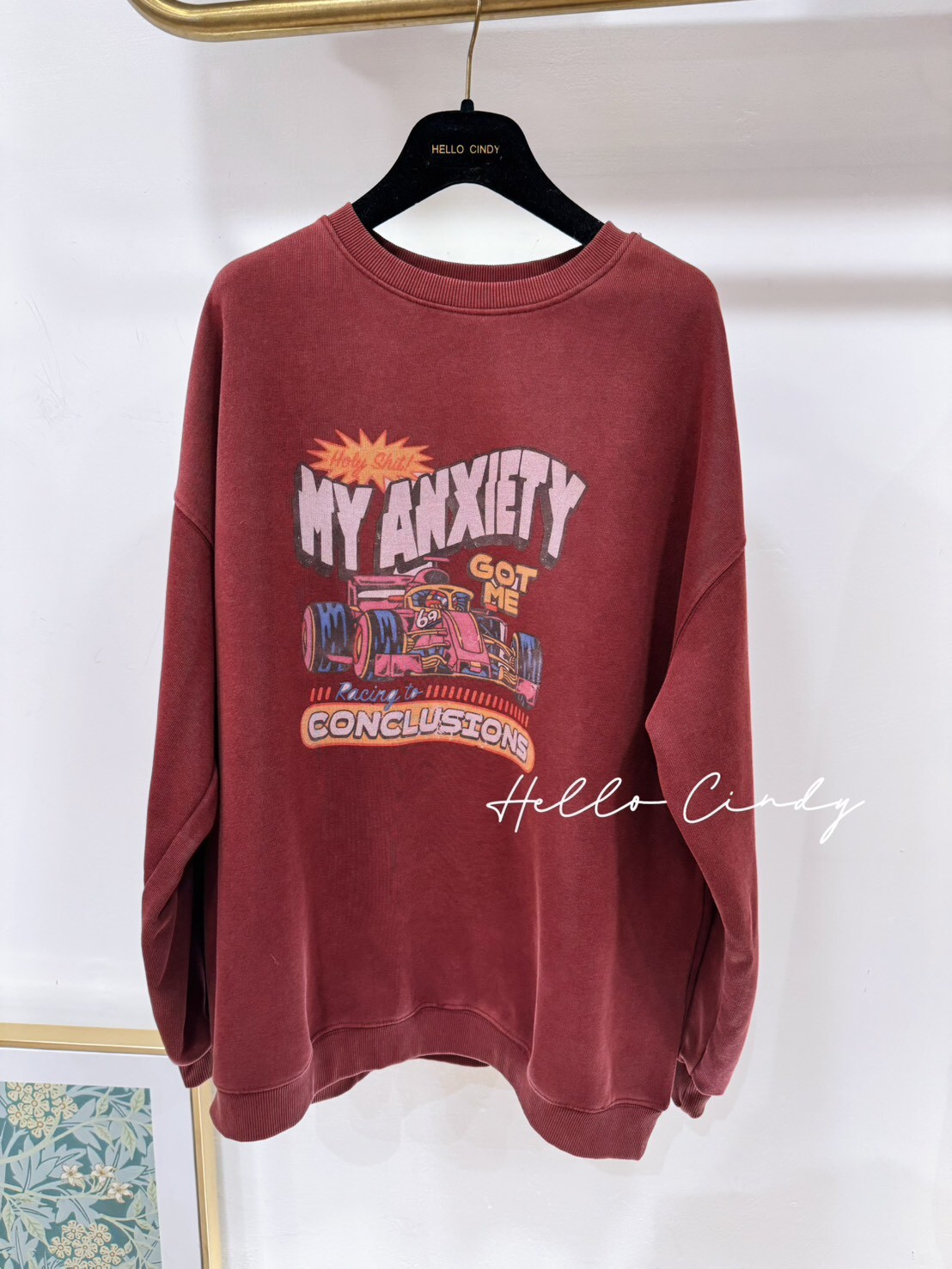 B02012 中性款仿舊感紅色賽車大學T