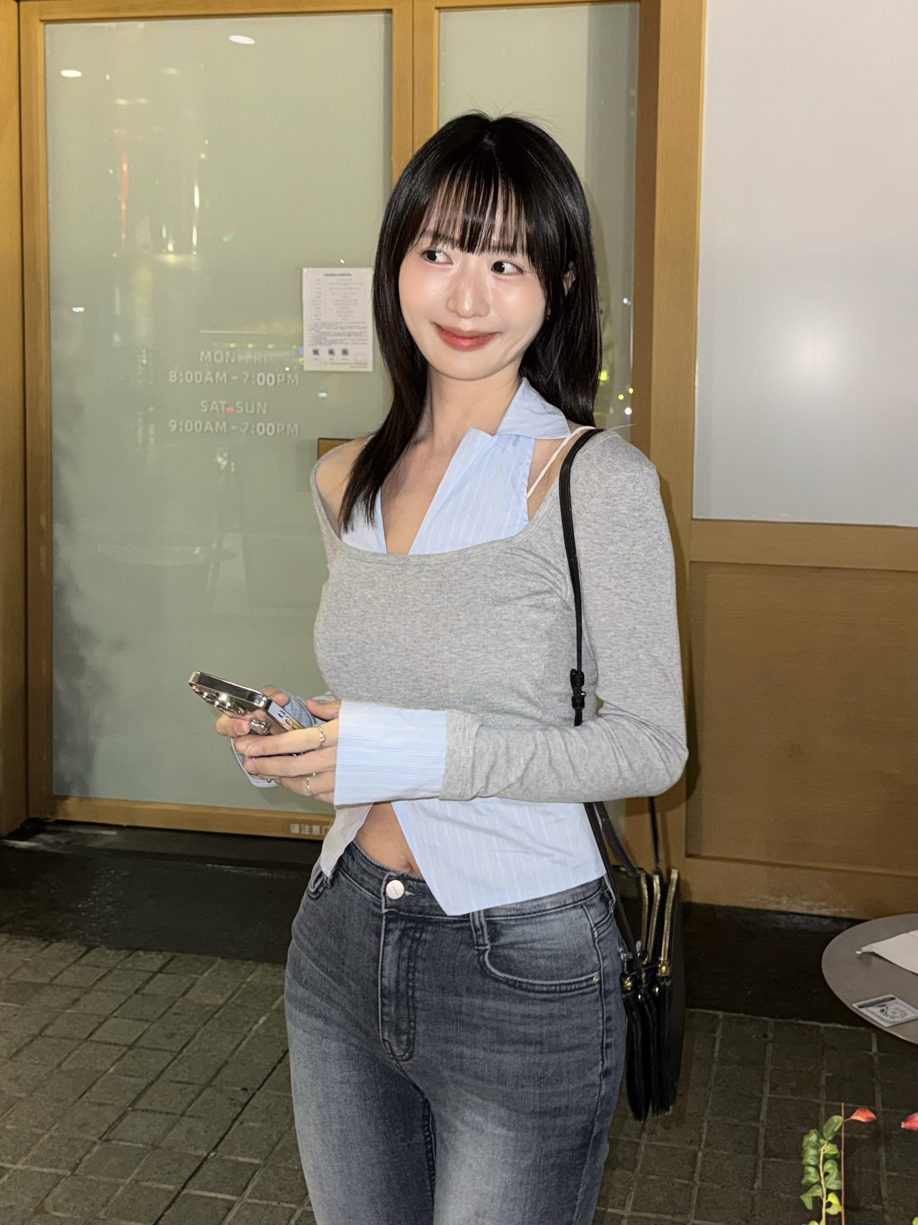 (新貨88折💘)小性感裇衫領假兩件上衣 T260203(灰/黑)