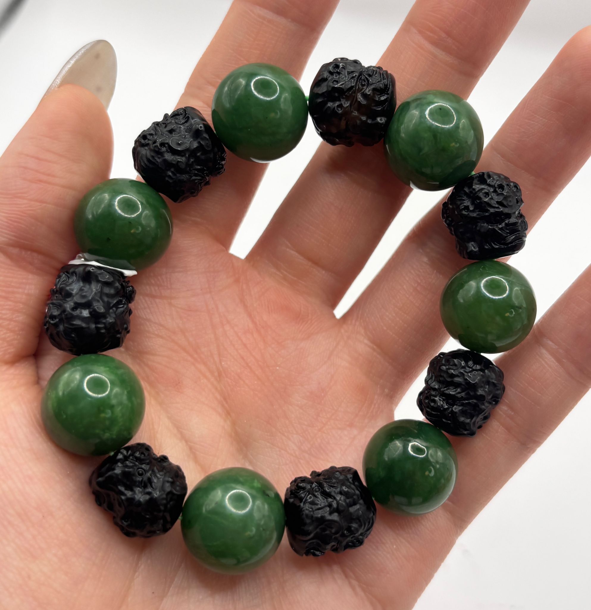 AB260204-L160-頂級北極玉斗母元君 大黑天 吉祥天母 雕刻珠手串-(需留中文全名，已包紫袍大師開光，4月頭到貨，只限尖沙咀門店自取）