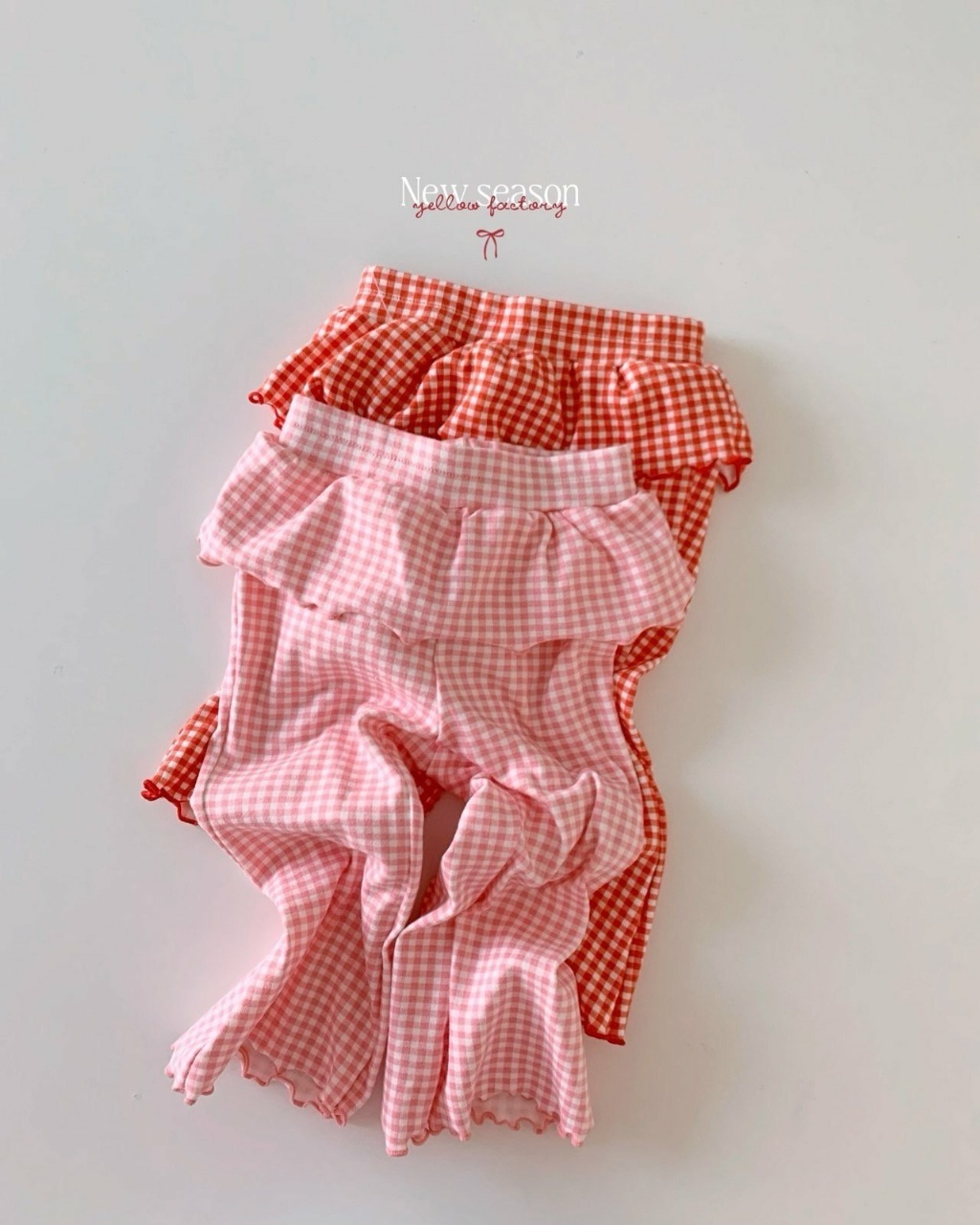 正韓春yellowfactory 格紋假兩件木耳捲邊褲