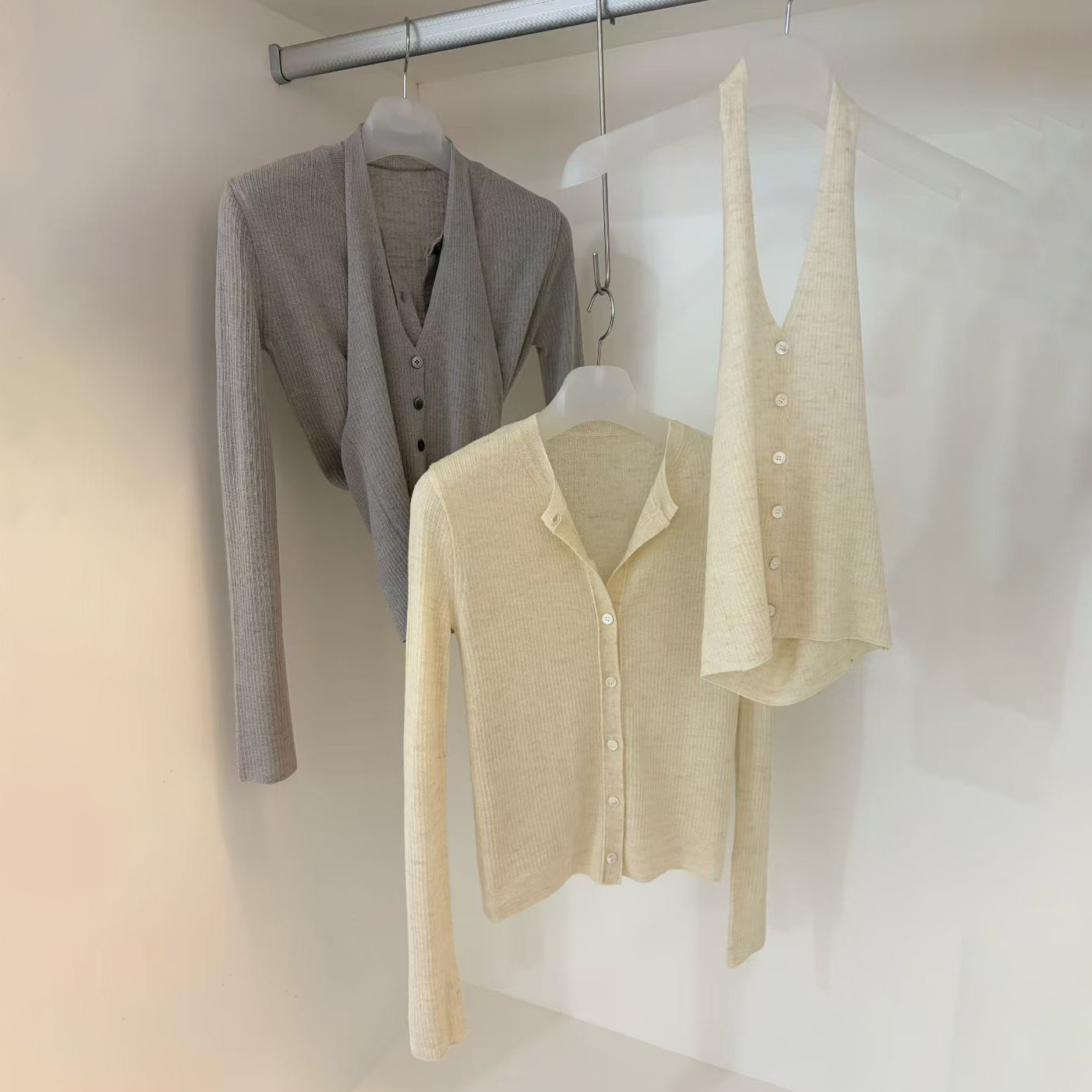 螺紋圓領排釦罩衫外套+削肩排釦領背心SET / 2色