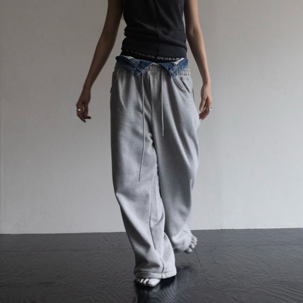 腰頭拼接牛仔造型鬆緊腰棉褲-F / 2色