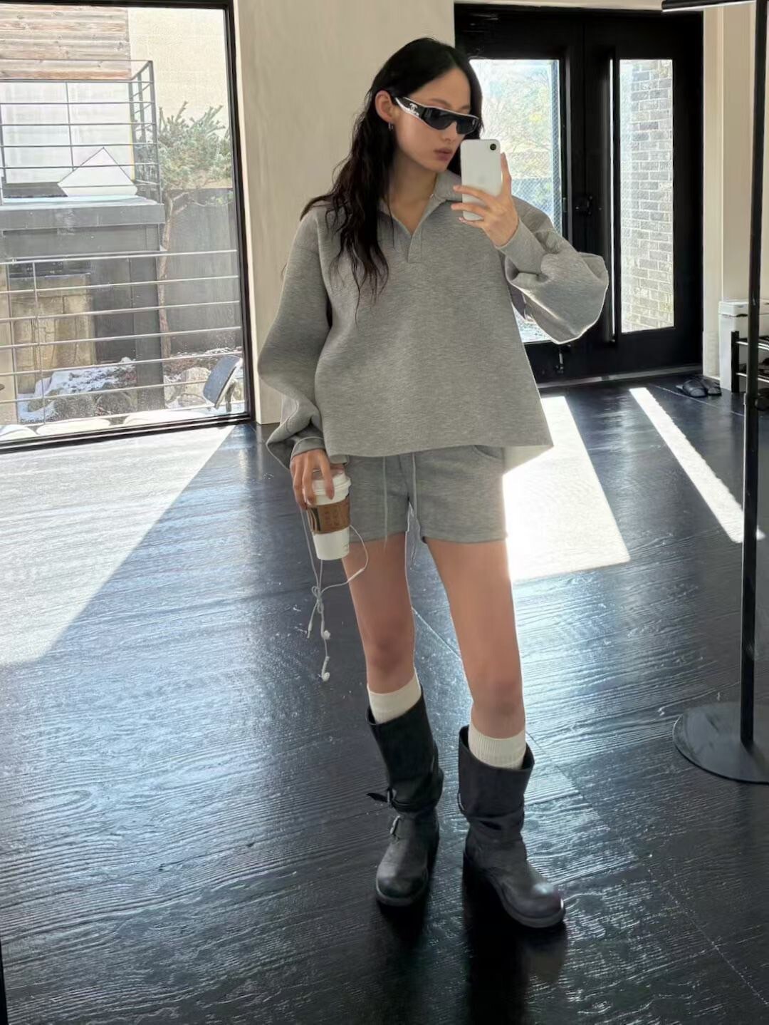 質感灰太空棉翻領衛衣+短褲SET-S-M