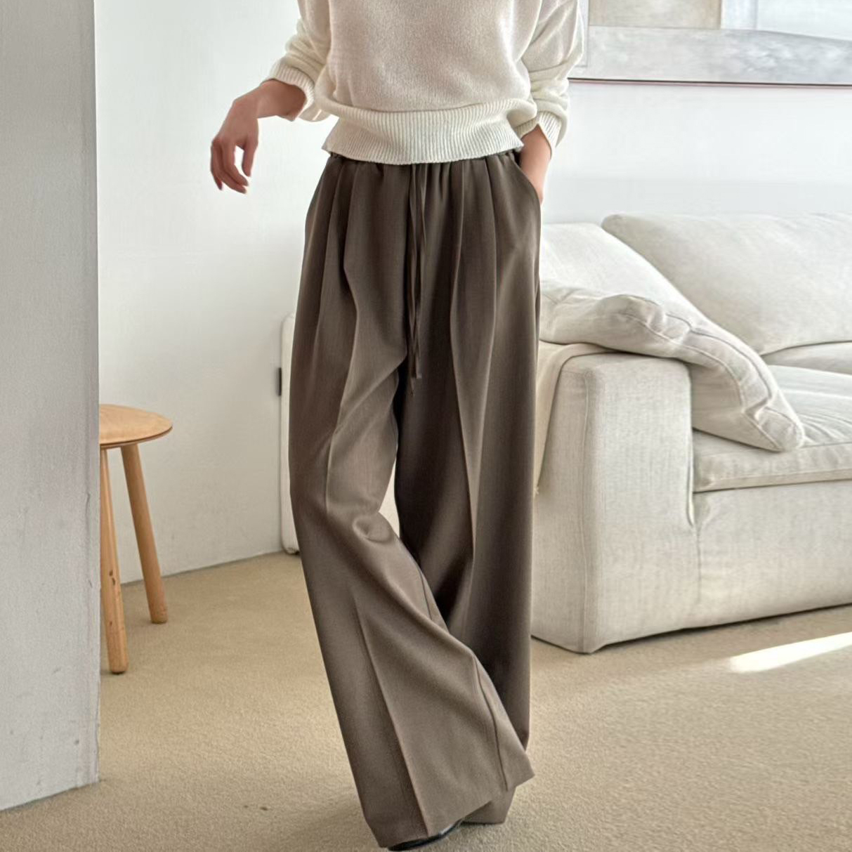 鬆緊腰綁帶造型打褶落地西裝褲長褲-F / 3色