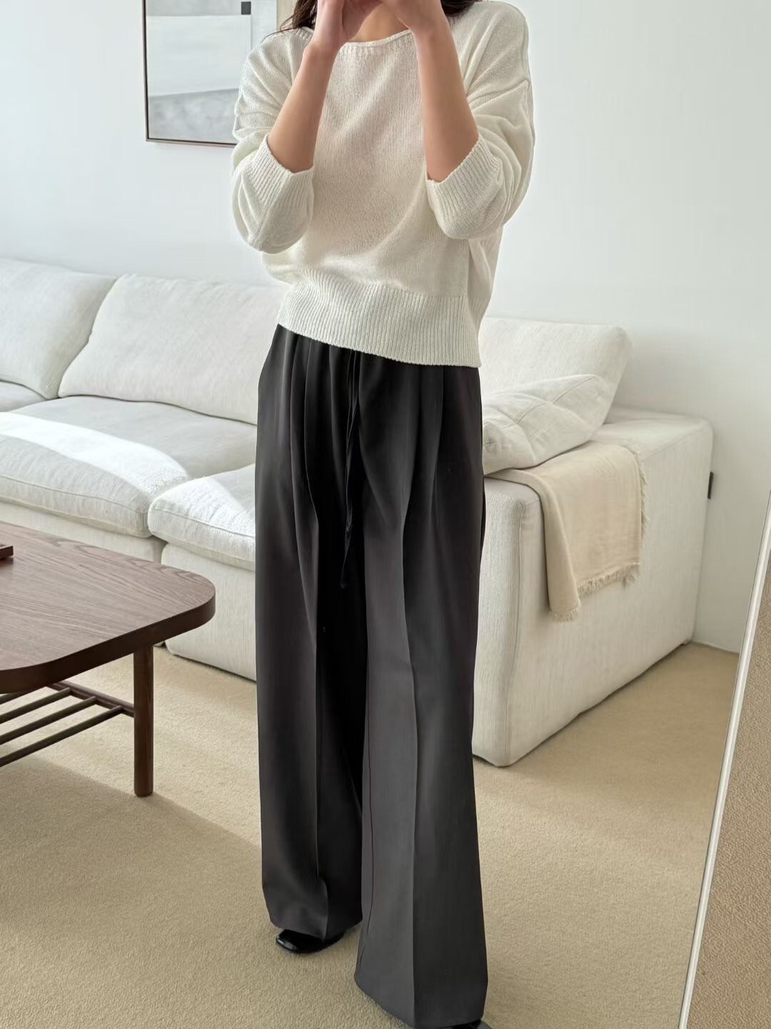 鬆緊腰綁帶造型打褶落地西裝褲長褲-F / 3色