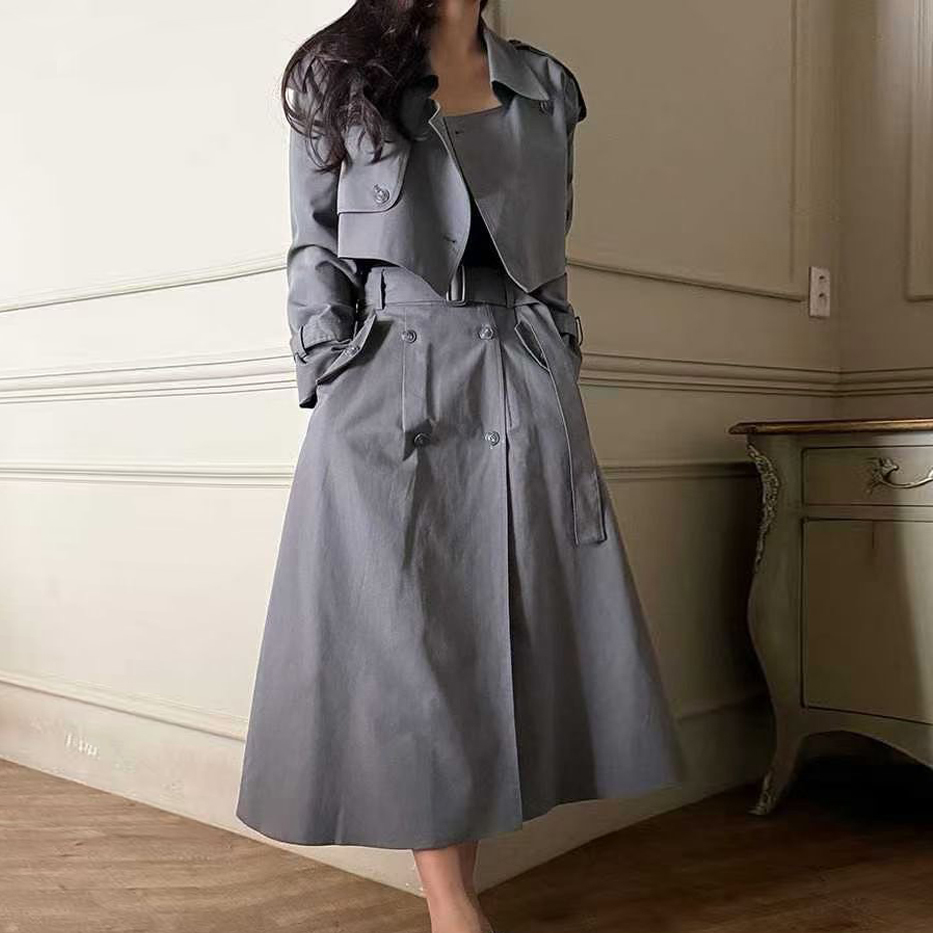 雙排釦短版風衣外套+附腰帶傘擺長裙SET / 2色