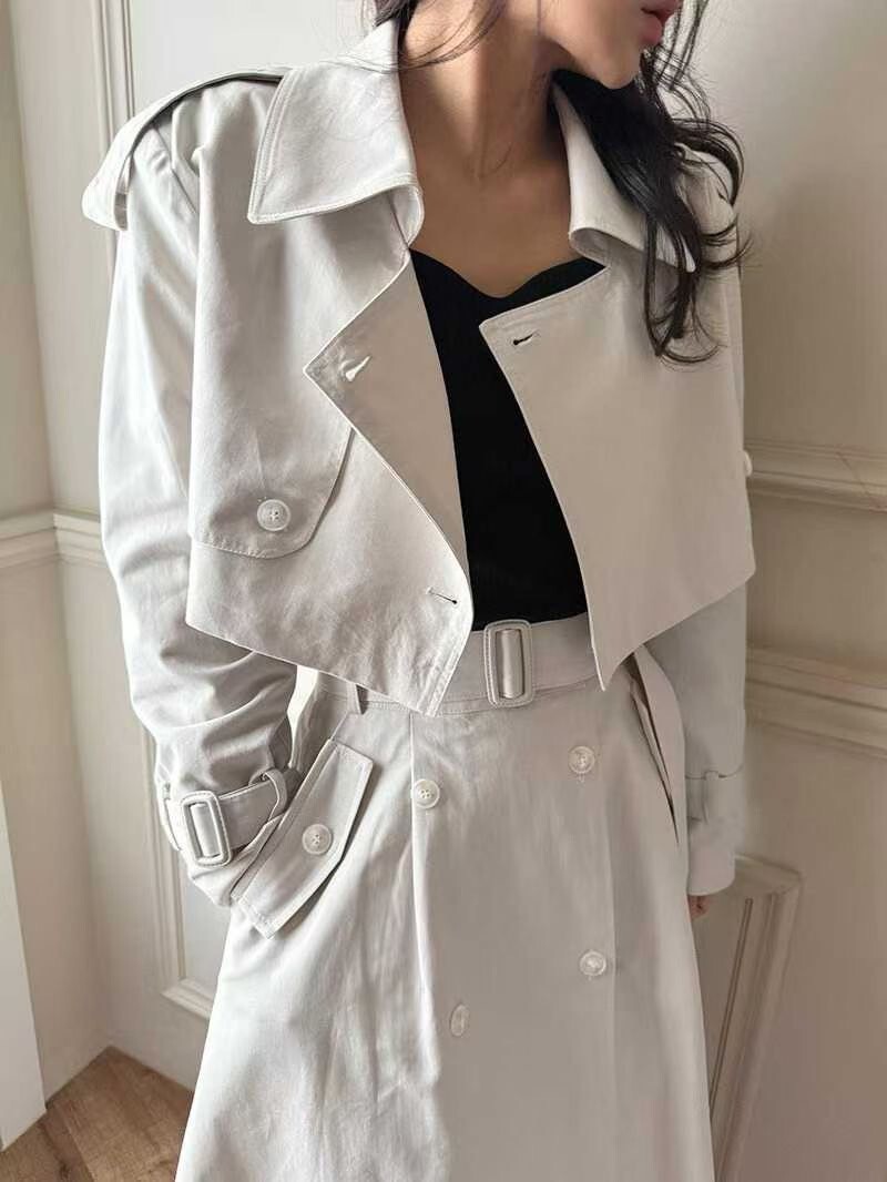 雙排釦短版風衣外套+附腰帶傘擺長裙SET / 2色