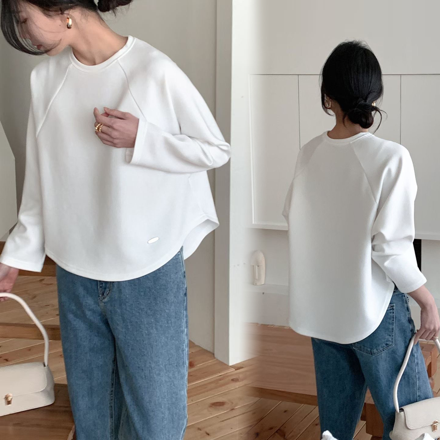 前短後長下擺小綴飾圓領傘擺上衣 / 3色