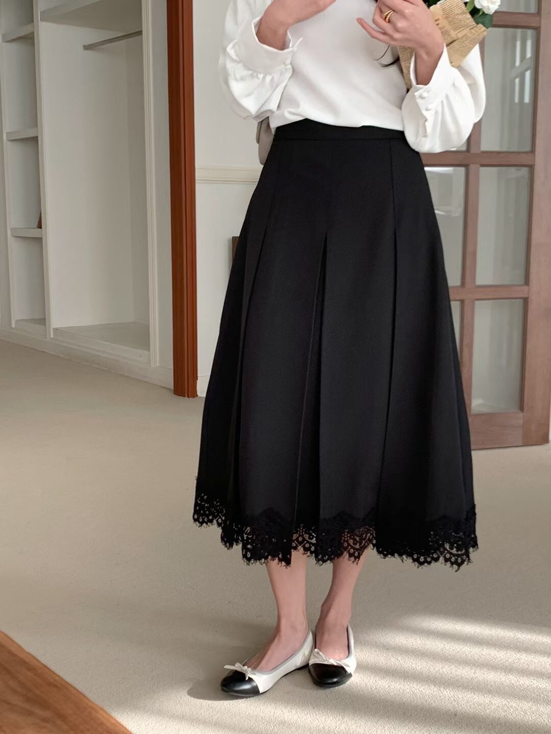 睫毛蕾絲拼接打褶百摺裙傘擺長裙-F / 2色