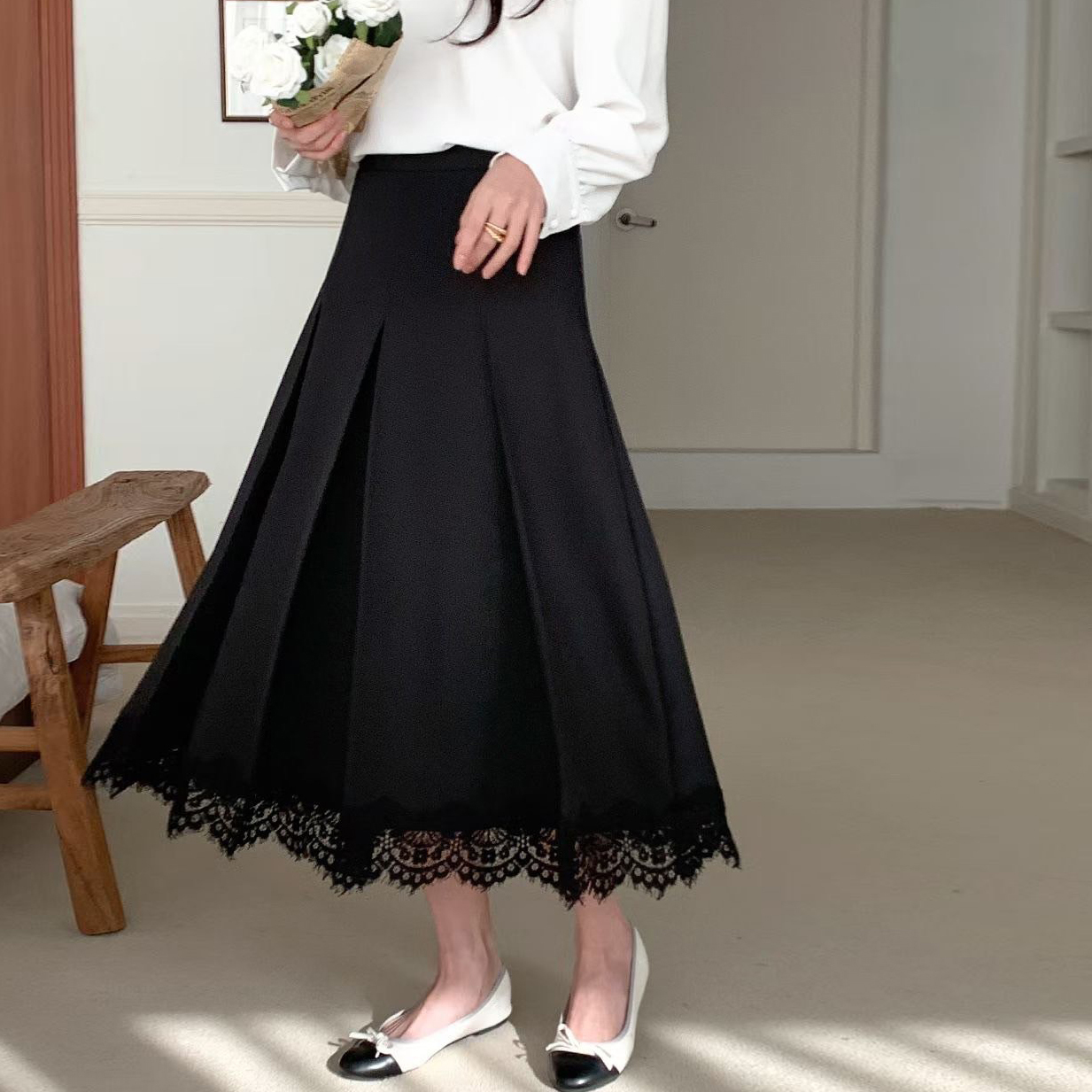 睫毛蕾絲拼接打褶百摺裙傘擺長裙-F / 2色