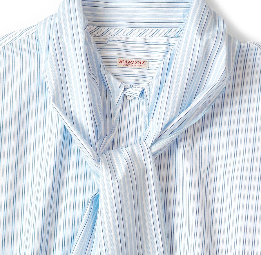 KAPITAL Cotton Striped Bowtie Pub Shirt 18W - BLUE PRE ORDER ITEM (預訂中)