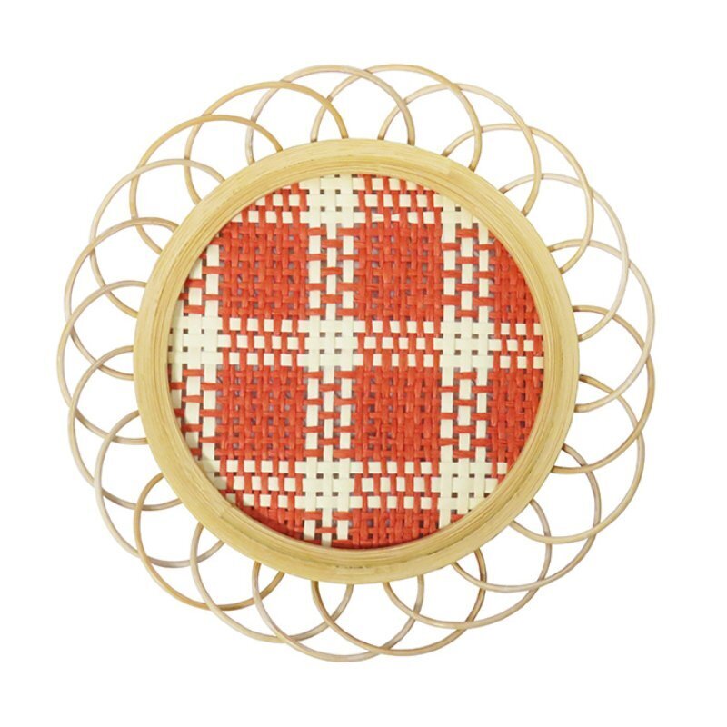 竹製造型杯墊/格紋紅