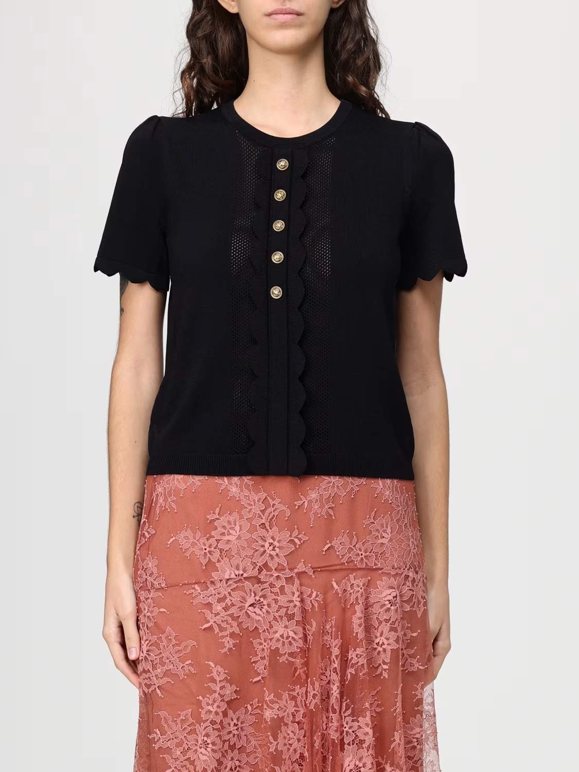 TWIN-SET 花邊圓領拼接上衣 (黑)