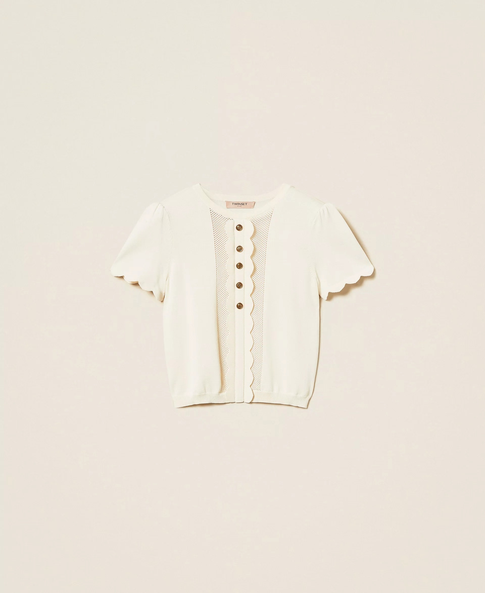 TWIN-SET 花邊圓領拼接上衣 (米白)