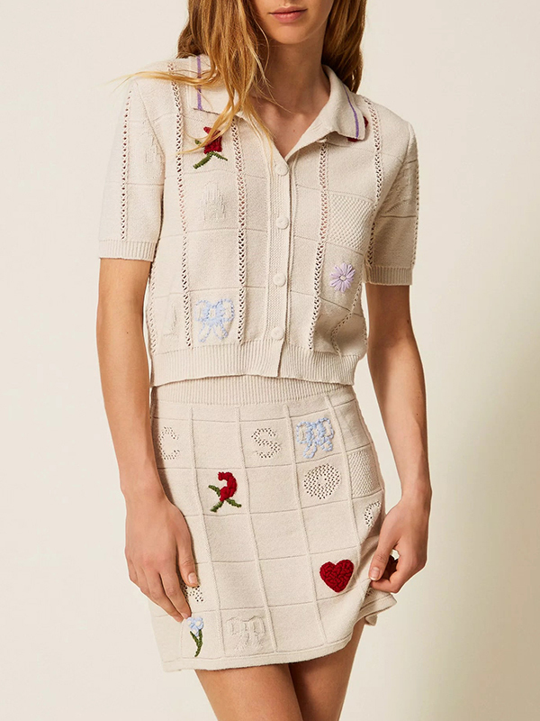 TWIN-SET方格繡花排釦短袖上衣