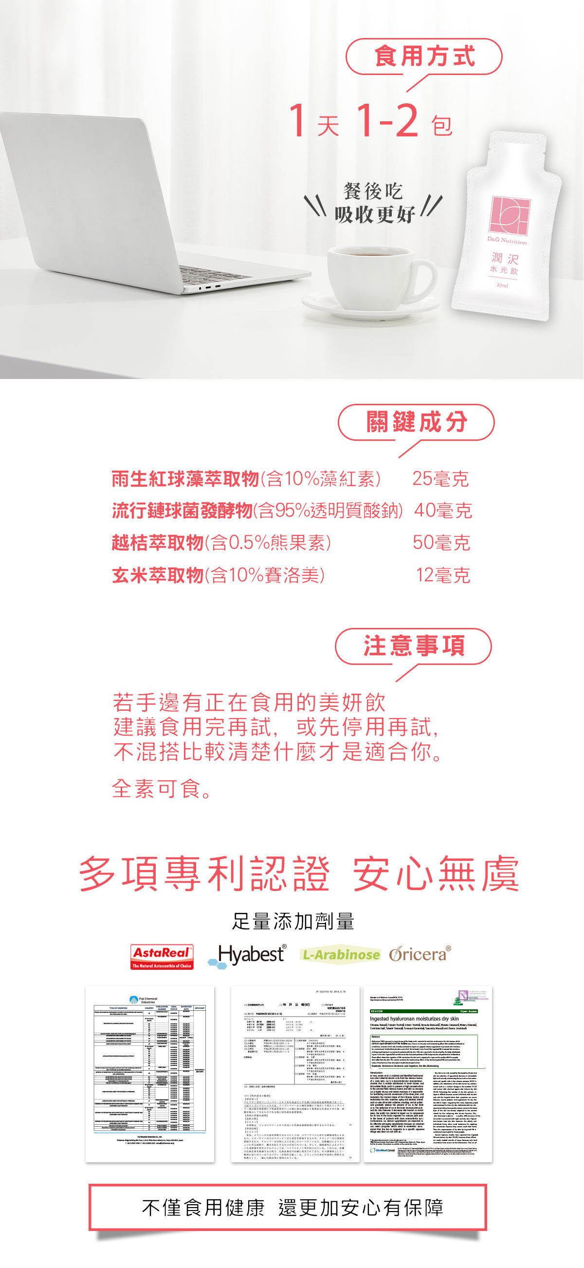 D&G,D&G Nutrition,光茵樂活,喝的玻尿酸,潤沢水光飲,潤沢飲,潤澤飲,保健飲品 推薦,玻尿酸 推薦,藻紅素,玻尿酸,賽洛美,熊果素,雨生紅球藻,越桔萃取物,玄米萃取物,阿拉伯糖,蝦紅素,素食 蝦紅素,口服玻尿酸 肌膚,高純度玻尿酸,保濕,鎖水,潤澤,肌膚水潤,肌膚彈性,玻尿酸飲,養顏美容,養顏飲,美顏飲