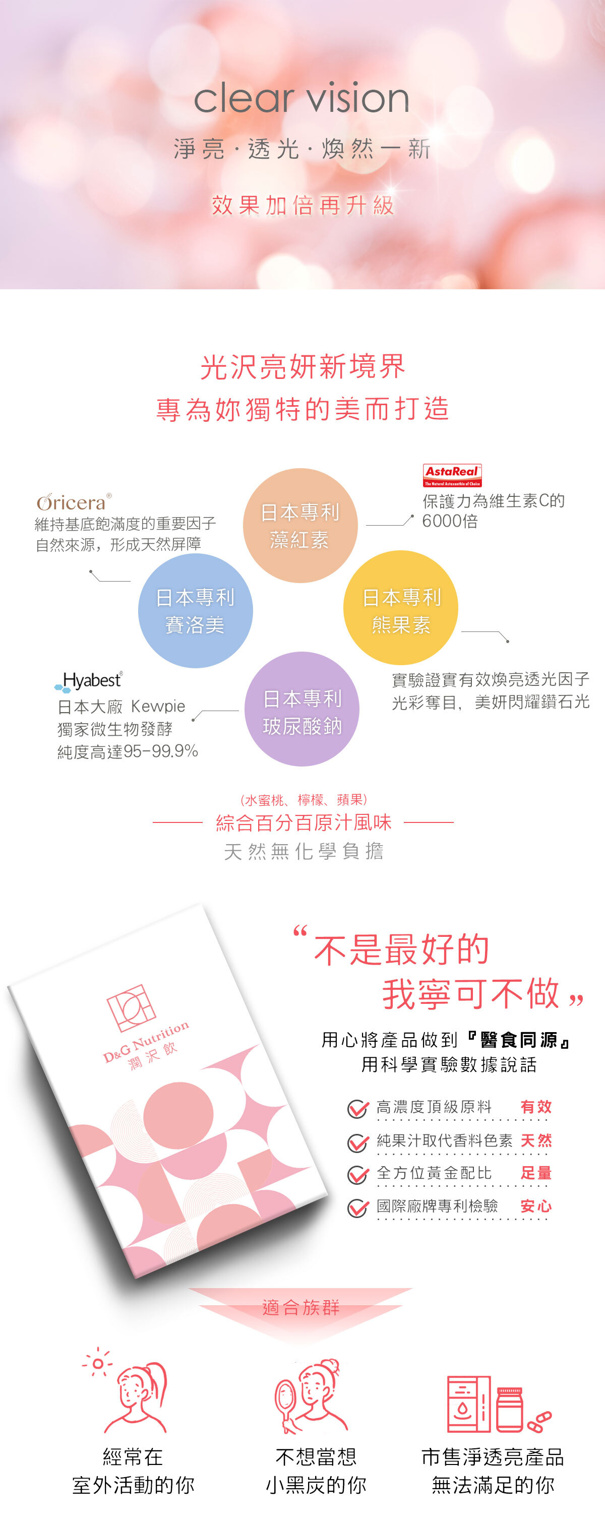 D&G,D&G Nutrition,光茵樂活,喝的玻尿酸,潤沢水光飲,潤沢飲,潤澤飲,保健飲品 推薦,玻尿酸 推薦,藻紅素,玻尿酸,賽洛美,熊果素,雨生紅球藻,越桔萃取物,玄米萃取物,阿拉伯糖,蝦紅素,素食 蝦紅素,口服玻尿酸 肌膚,高純度玻尿酸,保濕,鎖水,潤澤,肌膚水潤,肌膚彈性,玻尿酸飲,養顏美容,養顏飲,美顏飲