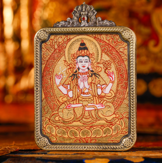 0207XZ20-雪堆白唐卡-金唐八大守護-四臂方卡（A20）