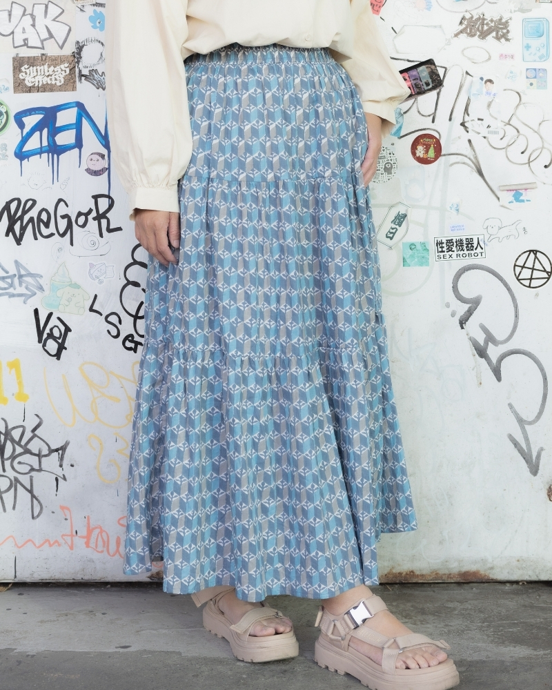 印度蓋染工藝純棉 蛋糕裙 - 玄武岩藍