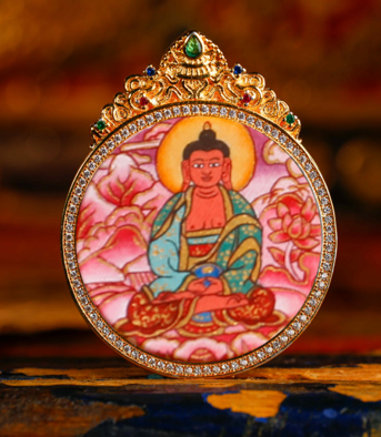 0207XZ33-雪堆白唐卡-（狗豬）粉紫唐八大圓卡-阿彌（A33）