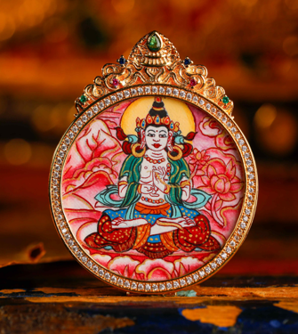 0207XZ34-雪堆白唐卡-（馬）粉紫唐八大圓卡-大勢至（A34）