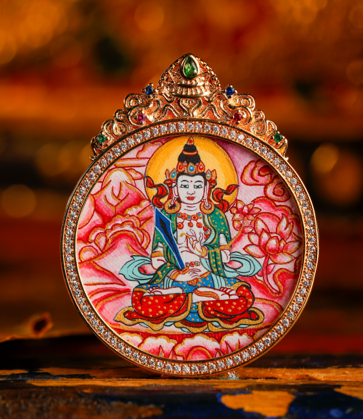 0207XZ35-雪堆白唐卡-（牛虎）粉紫唐八大圓卡-虛空藏（A35）