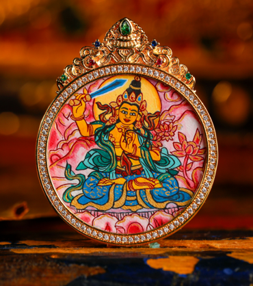 0207XZ37-雪堆白唐卡-（兔）粉紫唐八大圓卡-文殊（A37）