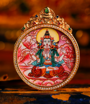 0207XZ38-雪堆白唐卡-（鼠）粉紫唐八大圓卡-四臂（A38）