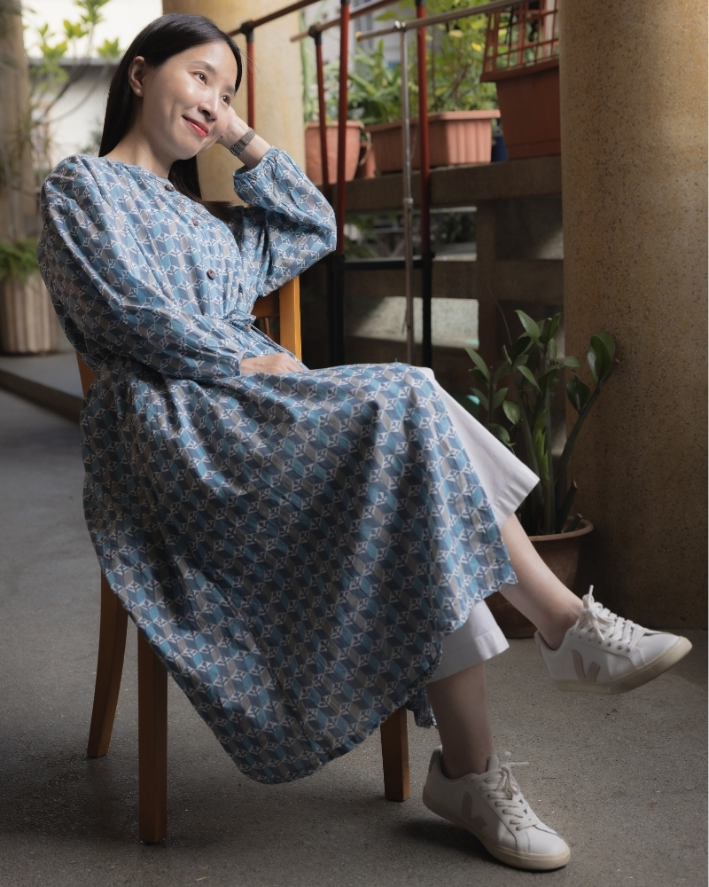 印度蓋染工藝純棉 長袖長版洋裝/罩衫 - 玄武岩藍