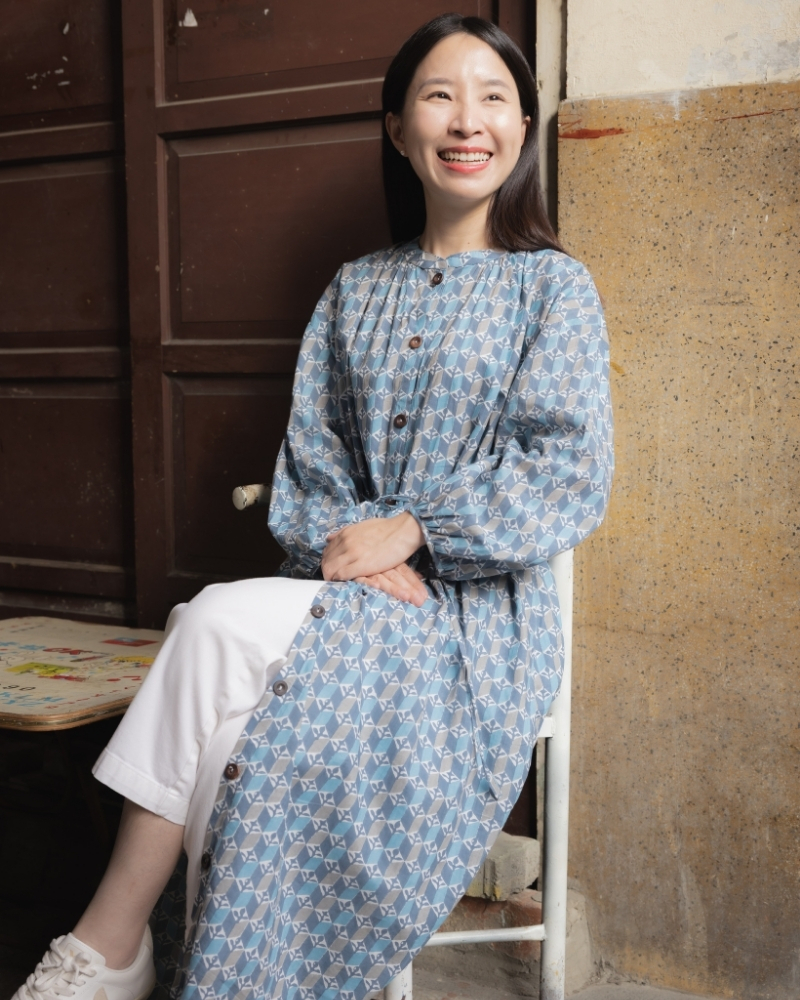 印度蓋染工藝純棉 長袖長版洋裝/罩衫 - 玄武岩藍