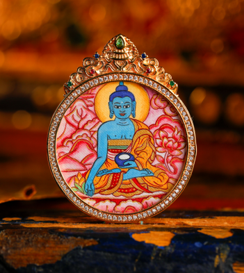 0207XZ40-雪堆白唐卡-粉紫唐八大圓卡-藥師佛（A40）