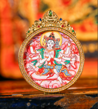 0207XZ42-雪堆白唐卡-粉紫唐摩利支天圓卡（A42）