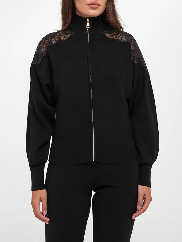 TWIN-SET 拚蕾絲拉鍊外套(黑)