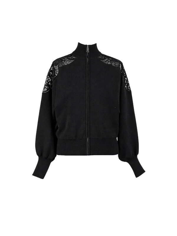 TWIN-SET 拚蕾絲拉鍊外套(黑)