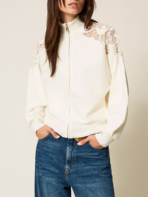 TWIN-SET 拚蕾絲拉鍊外套(米白)